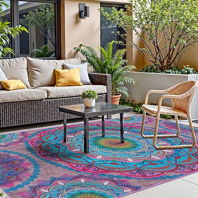 Arenarug Meditation Indoor Outdoor Rug 8x10 ft Mandala Pattern Rug Boho Style,Yoga Meditation Mat Picnic Rug for Patio Living Room Porch Garden Deck Backyard Easy to Clean Non Shedding Non-Slip