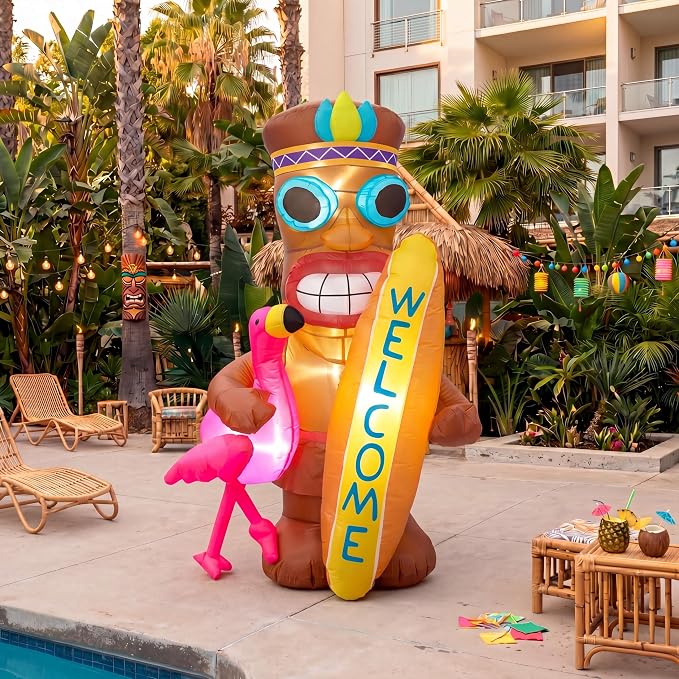 Shappy 5 FT Inflatable Tiki Flamingo Outdoor Decoration with LED Lights | Hawaiian Luau Party Decor, Tropical Tiki Totem Blow Up for Summer Beach Party, Outdoor Yard Lawn Garden Decoration