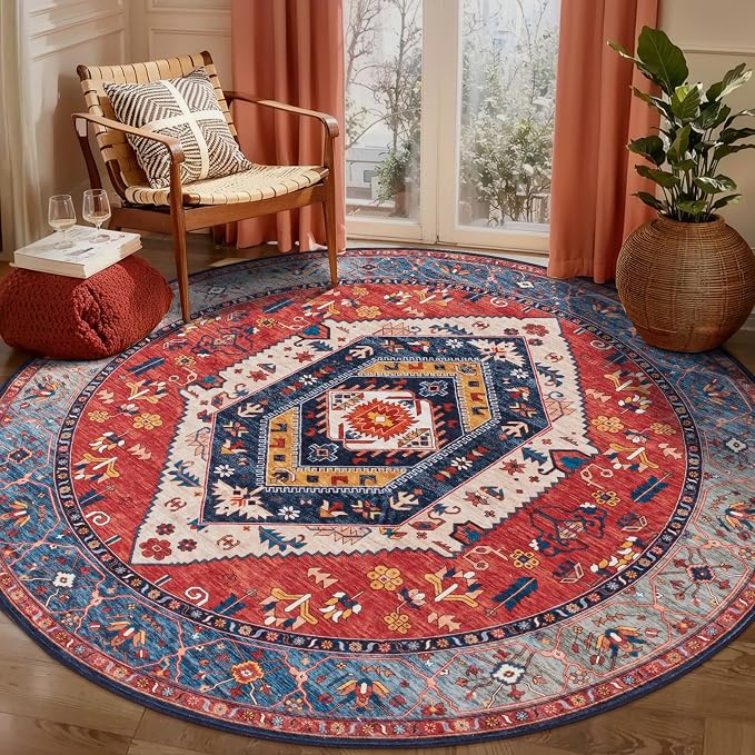 SERISSA 5ft Washable Non Slip Round Round Boho Area Rug for Bedroom，Rust | Ultra Soft Vintage Oriental Carpet Low-Pile Tribal Circular Indoor Mat for Entryway Kids Room Office College Dorm Living Room