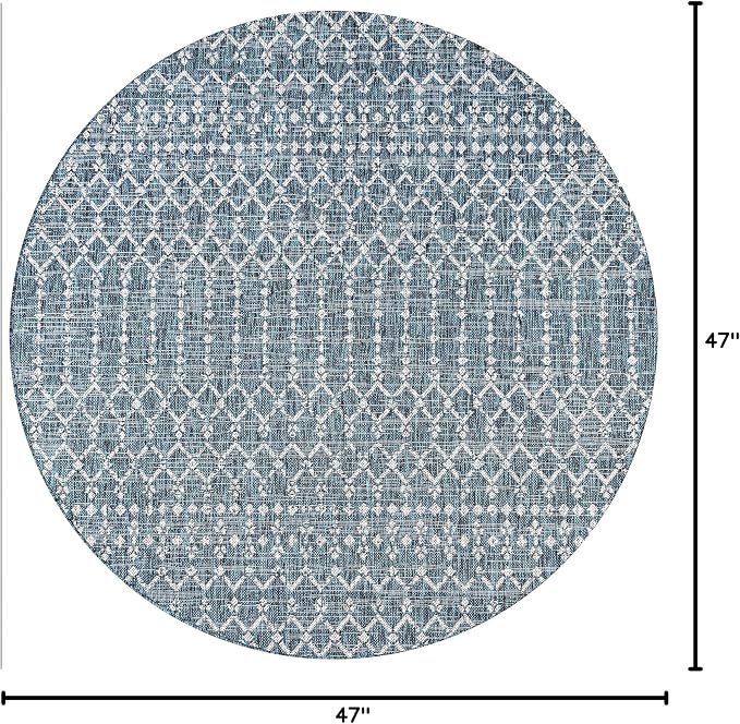JONATHAN Y Moroccan Geometric Indoor Outdoor Round Area Rug 4 Ft Teal/Gray, Ourika Textured Weave for Backyard, Patio, Porch, Easy-Cleaning, High Traffic, Pet-Friendly, Non-Shedding (SMB108C-4R)