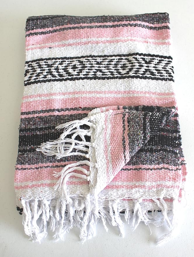Del Mex Classic Mexican Blanket, Large Authentic Woven Falsa Throw (70"x50"), Artisan Southwest Décor for Beach, Yoga, Outdoors (Pink)