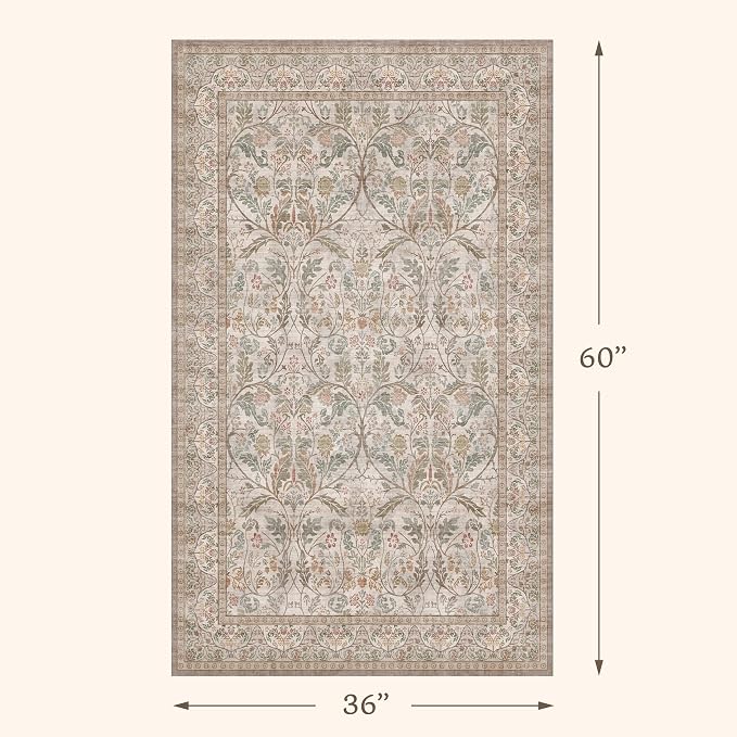 Moss Green Washable 3x5 Rug, Small Area Rug for Entryway Bedroom Bathroom Kitchen, Vintage Floral Non Slip Soft Door Mat, Low Pile Stain Resistant Carpet