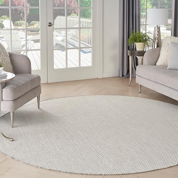 Nourison Home Courtyard Ivory Silver 8' x Round Area Rug - Easy Clean, Non Shedding, Bed Room, Living Room, Dining Room, Kitchen (8' x Round)