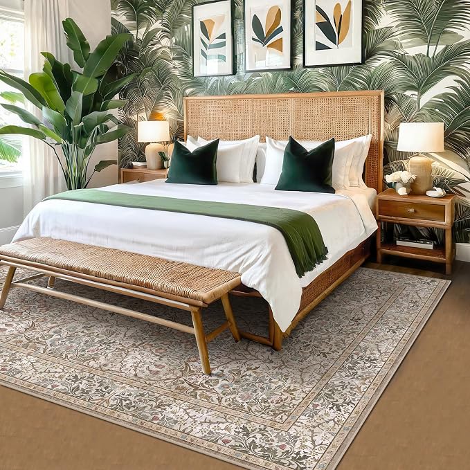 Washable Dining Room Rugs for Under Table - 6x9 Moss Green Oriental Area Rug for Living Room, Low Pile Non-Slip Floor Carpet for Bedroom Under Bed - Vintage Brown Neutral Design & Stain Resistance