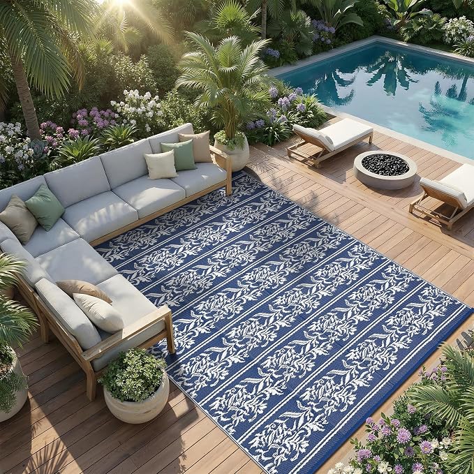 Garvee Outdoor Rugs 9x18 Waterproof Reversible Mat Boho Leaf Patio Rug with 4 Stakes and Starage Bag, Large Outdoor RV Mat Rugs for Camping, Picnic, Balcony, Deck, Backyard, Navy Blue & White
