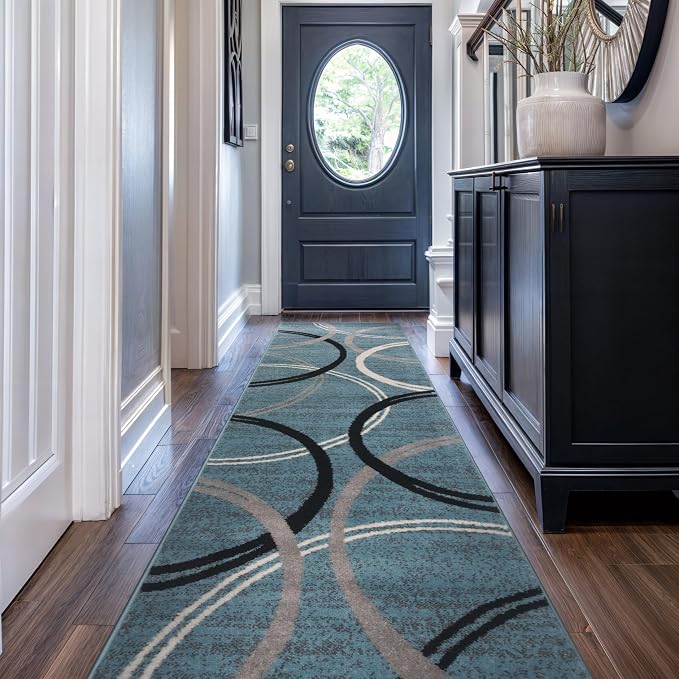 Rugshop Wavy Circles Modern Jute Backing Runner Rug Blue 2'7" x 6' | Rectangular, Size 2'7" x 6', Living Room, Bedroom, Dining Room, Home Office, Kitchen, Entryway, Hallway, Nursery, Kids Room