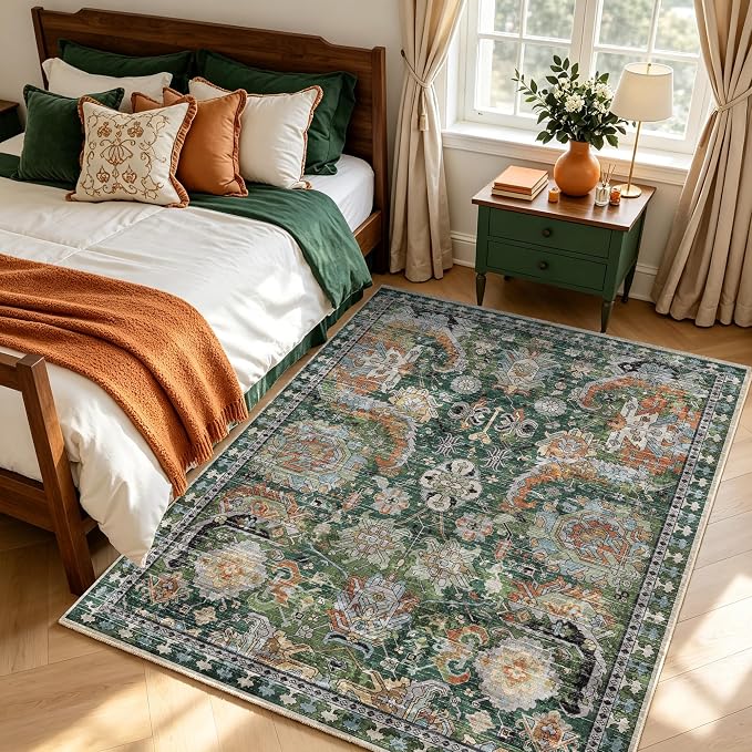 Washable Area Rugs - Perfect for Living Room, Bedroom, Kids Room, Nursery - Stain & Water Resistant Non-Slip, Pet & Child Friendly, Vintage Tribal Area Rugs (Green, 5' x 7')
