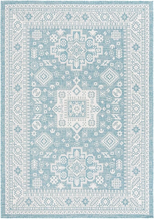 Unique Loom Outdoor Aztec Collection Area Rug - Chalca (7' 1" x 10' Rectangle, Aqua/ Ivory)
