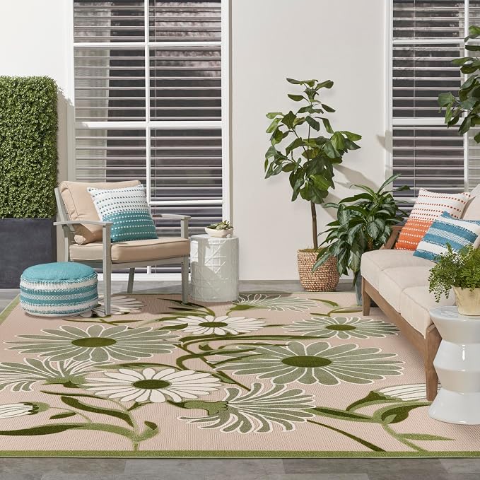 Nourison Home Aloha Ivory Green 10' x 14' Area Rug - Easy Clean, Non Shedding, Bed Room, Living Room, Dining Room, Kitchen (10' x 14')