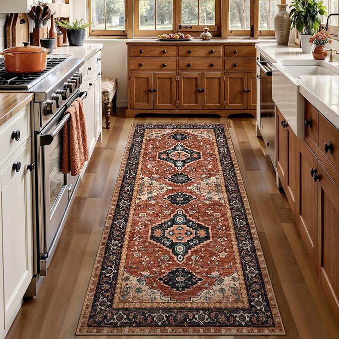 Tangsoo Vintage Orange 2x6 Washable Runner Rugs for Hallways, Non Slip | Oriental Soft Low Pile Long Rug Runner, Boho Carpet Runners for Kitchen Bedroom Entryway Bathroom Living Room Home Decor