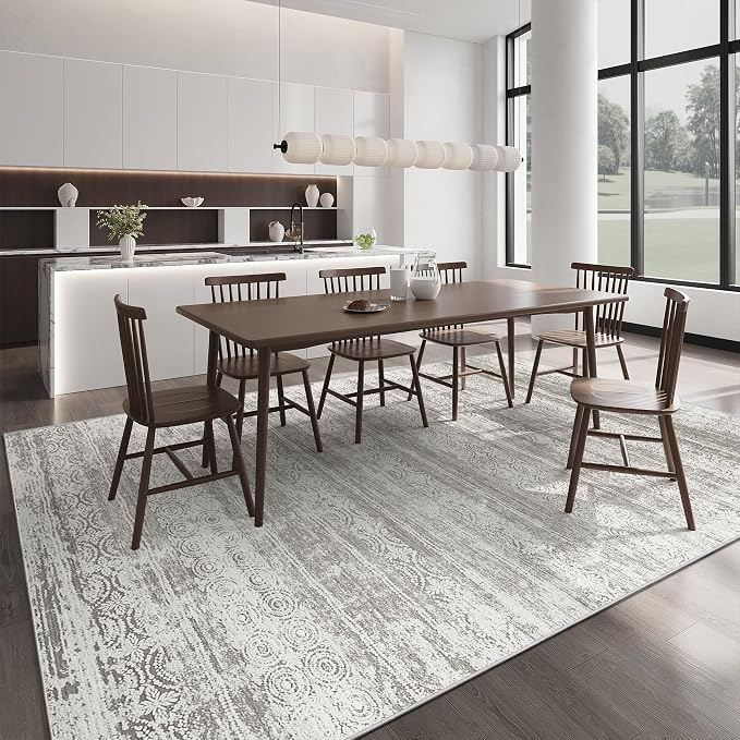 Miukiki 9x12 Area Rug for Living Room, Washable Non Slip Moroccan Rug Grey | Large Soft Rug for Kitchen Bedroom Dining Room Office, Low Pile Indoor Floor Carpet Home Decor 9'x12'