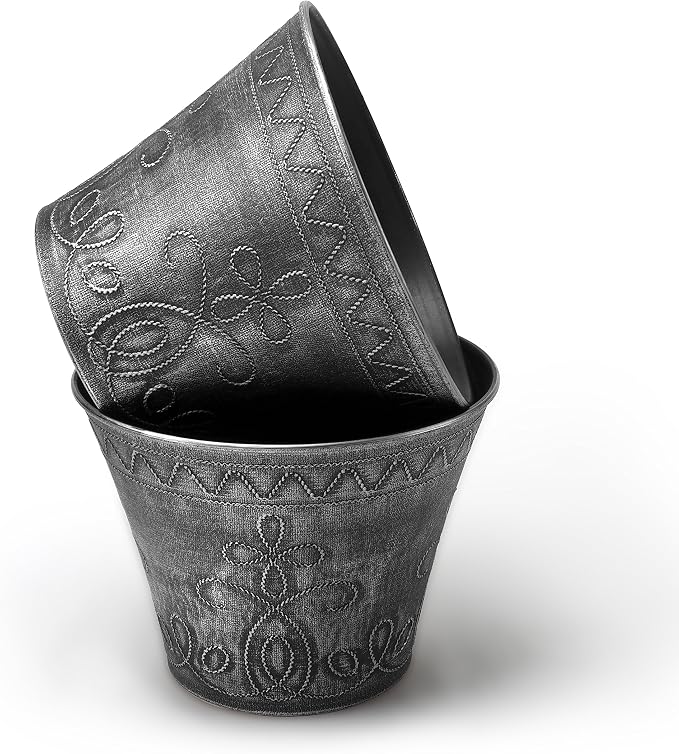 Set of 2 Decorative Planter Rustic Medieval/French Country Look Flower Nursery Pot for Indoor, Outdoor, Garden, Patio, Office, Home Decor Use. Long Lasting, Reusable Light Weight (Silver)