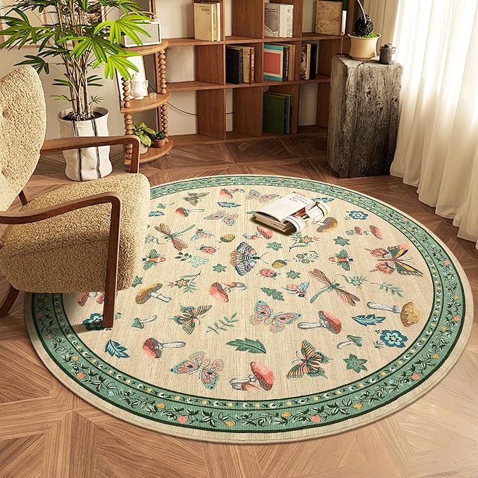 Mushroom Insect 3ft Round Rug Washable Non-Slip Soft Ultra-Thin Small Boho Circle Carpet for Entryway Kitchen Bedroom Nursery Dining Room Khaki Green