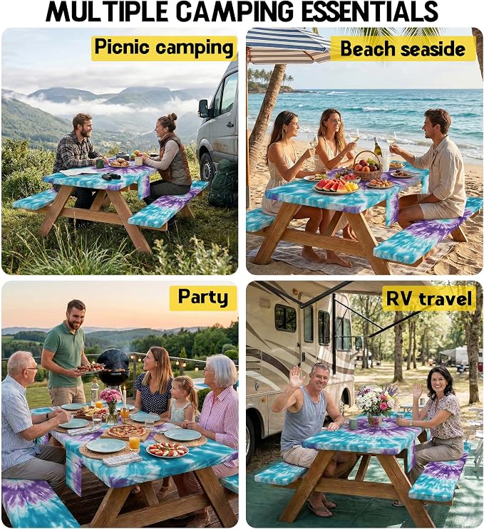 Picnic Table Cover with Bench Covers Waterproof Elastic Rectangle Tablecloth Camping Essentials Supplies Rv Car Travel Must Haves Gear Accessories Fitted Table Cloth Outdoor Road Trip Camper Gifts 8ft