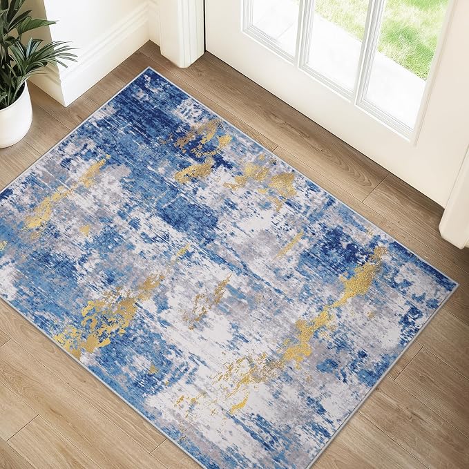 RELEANY Washable 2'x3' Abstract Area Rug for Living Room Blue Gold | Carpet for Bedroom, Kitchen, Office, Hallway and Entryway, Printed Pattern, Non‑Slip, Soft, Stain‑Resistant, Easy to Clean