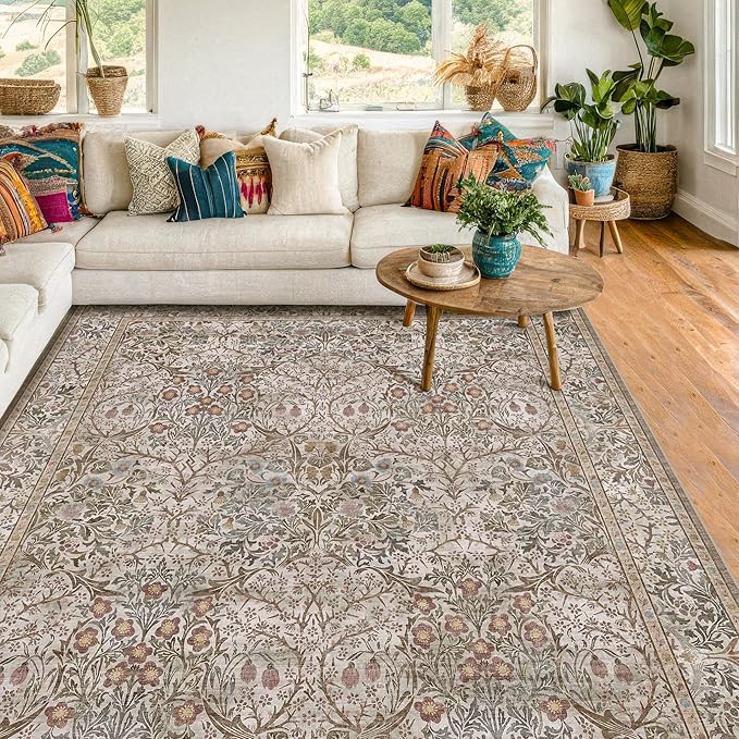 5x7 Washable Moss Green Oriental Area Rug for Living Room - Dining Room Rugs for Under Table, Home Office, Low Pile Non-Slip Floor Carpet for Bedroom - Vintage Brown Design & Stain Resistance Carpet
