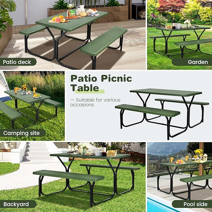 HAPPYGRILL Picnic Table Set Outdoor Patio Table Bench Set with Steel Frame & Plastic Table Top for Garden Lawn Backyard