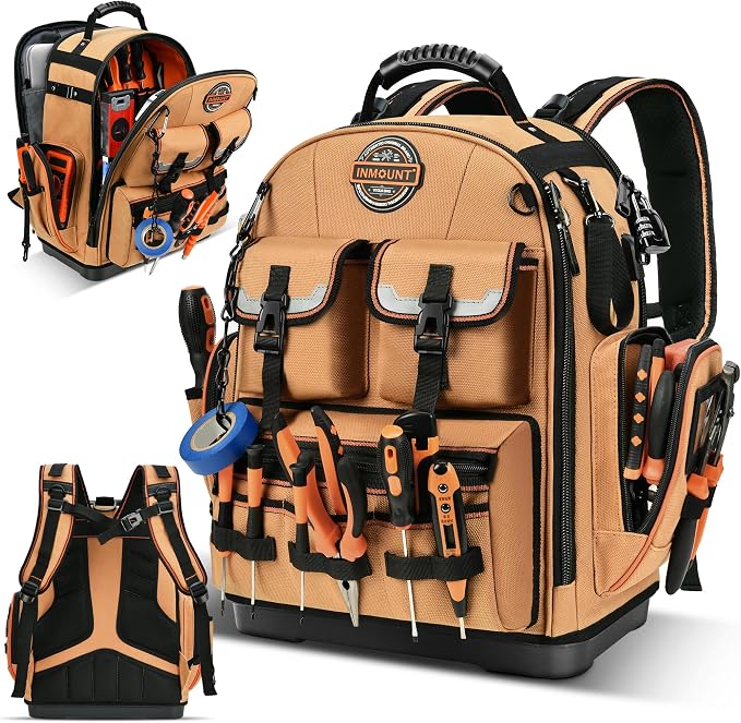 LOKASS Tool Backpack Heavy Duty with Molded Bottom, 1680D 56-Pocket Tool Bag Organizer with Laptop Compartment & Combination Lock, Durable Water-Resistant Electrician & HVAC Tool Backpack - khaki