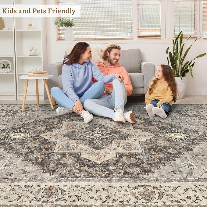 Tangsoo Farmhouse 5x7 Washable Area Rugs for Living Room, Non Slip Rug | Vinatge Indoor Large Print Distressed Carpet, Oriental Soft Low Pile Foldable Floor Rugs for Bedroom Dining Room Office Grey