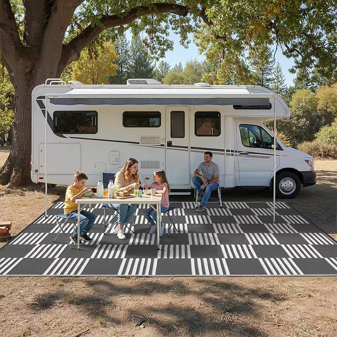 Garvee Waterproof Outdoor Rug 10x14, Checkered Foldable Plastic Straw Patio Camping Rug, Outdoor RV Carpet for Deck Camper Porch Balcony Backyard Picnic Beach Gray and White