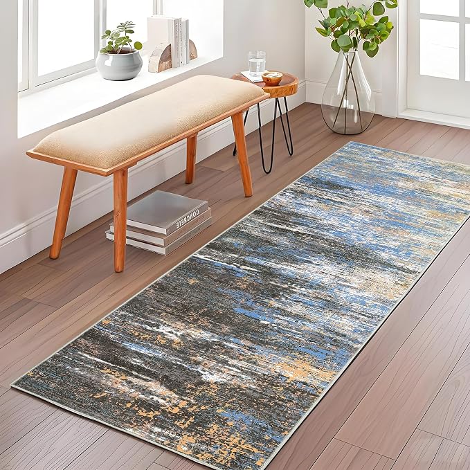 ROYHOME Washable Runner Rug 2x6 Modern Abstract Kitchen Rugs, Blue/Brown | Non Slip Bathroom Rug, Low Pile Laundry Room Soft Long Carpet for Hallway Bedroom Entryway