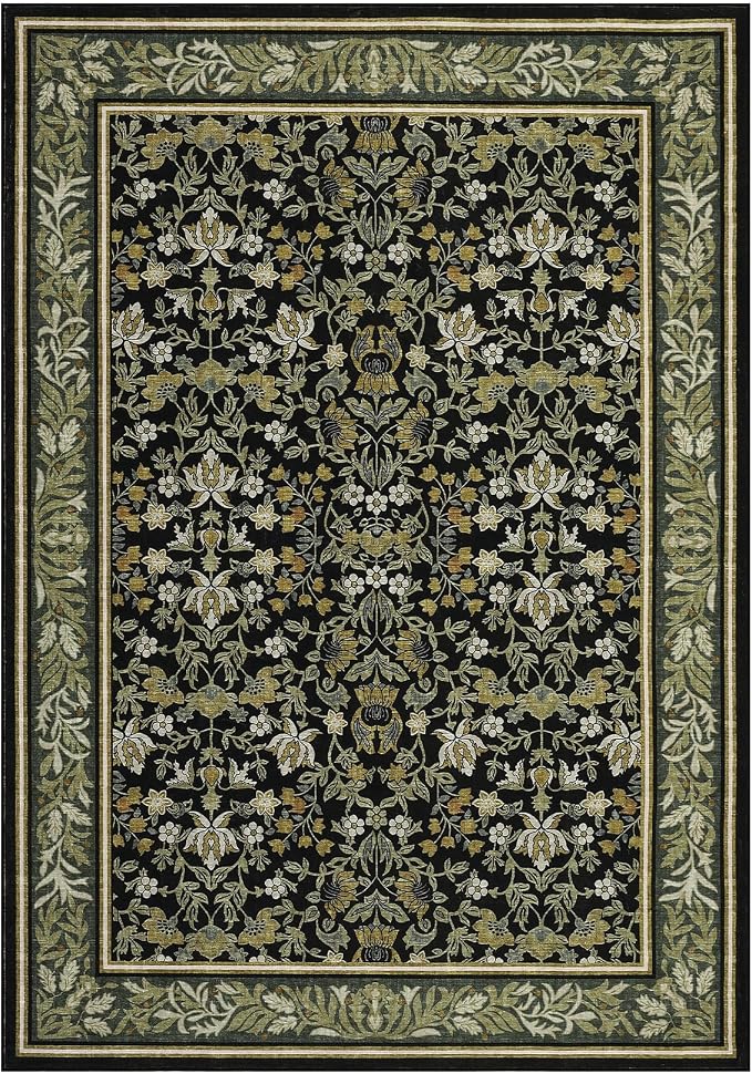 GarveeHome 8x10 Area Rugs for Living Room: Washable Bedroom Rug Green Black | Boho Vintage Non Slip Soft Low Pile Stain Resistant Indoor Carpet for Farmhouse Dining Room Nursery Home Office