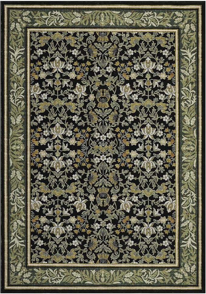GarveeHome Washable 3x5 Entryway Rugs Non Slip Kitchen Area Rug Green Black | Boho Vintage Soft Low Pile Stain Resistant Indoor Carpet for Living Room Bedroom Hallway Nursery Home Office