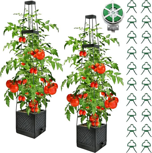 2Pcs Raised Garden Bed Tomato Planter Box with Trellis, 57 Inch Self-Watering Large Tomato Cage for Patio Garden Pots, Climbing Plants Cucumber Vine Vegetables Flowers Outdoor & Indoor