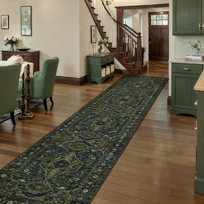 Tangsoo Oriental 2.6x14 Washable Runner Rug for Hallway Non Slip Runner Rug | Vintage Soft Low Pile Long Rug Runners, Boho Print 14ft Carpet Runners for Kitchen Bedroom Entryway Living Room Dark Green