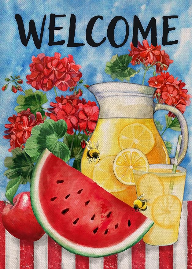 Furiaz Welcome Summer Watermelon Lemon Juice Small Decorative Garden Flag, Lemonade Geranium Flowers Yard Outside Decorations Burlap Outdoor Decor Double Sided 12 x 18