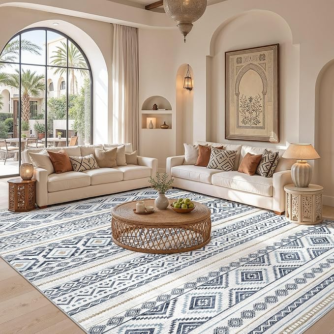 cotiled 10x13 Area Rugs Washable Boho Living Room Rug Blue | Solve Modern Neutral Trendy Home Decor - Stain Resistan Carpet for Bedroom Farmhouse Blue