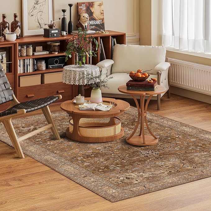 Washable Area Rug 6' x 9' Vintage Traditional Persian Mat - Foldable Distressed Non-Slip Machine Washable Carpet for Living Room Bedroom Kitchen Home Decor - Bronze and Ivory