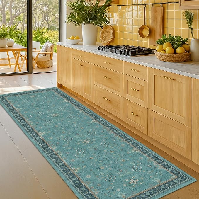 Boho 2'6"x10' Wide Hallway Runner Rugs - Teal 10ft Long Washable Indoor Floor Mats for Entryway, Non Slip with Rubber Backing, Floral Aqua Blue Unique Runner Décor