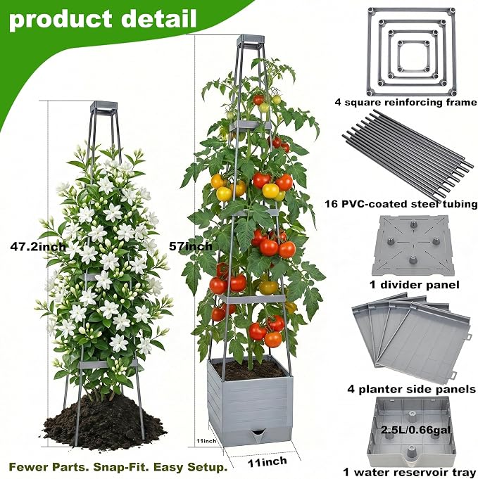 Tomato Planter with Trellis 57", 2-Pack Self Watering Raised Garden Bed with Trellis, Tomato Cages for Garden, Tomato Pots for Growing Tomatoes, Vegetable Planter, Tomato Plant Support Cage