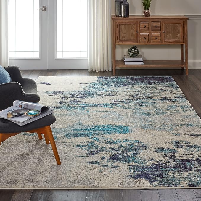 Nourison Home Celestial Ivory Teal Blue 6'7" x 9'7" Area Rug - Easy Clean, Non Shedding, Bed Room, Living Room, Dining Room, Kitchen (7' x 10')