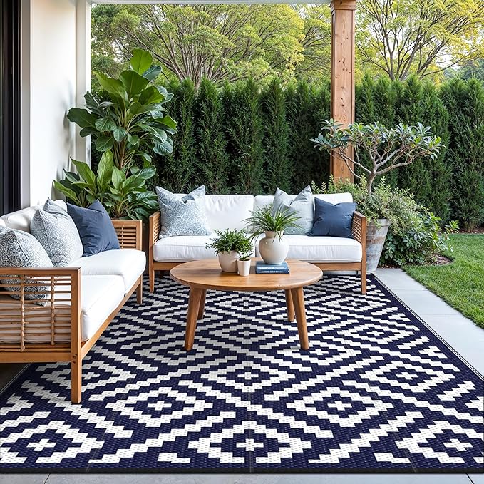GENIMO Outdoor Rugs 8'x10' Waterproof, Reversible Mats, Area Plastic Straw Rug, Outside Carpet, Geometric Rv Mat for Patio Camping Picnic Backyard Deck Balcony Porch Beach Trailer