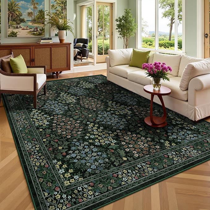 6x9 Area Rugs, Washable Floral Rugs for Living Room, Indoor Area Rug for Bedroom, Dining Room, Low Pile Non-Slip Non Shedding Rug(Dark Green Floral)
