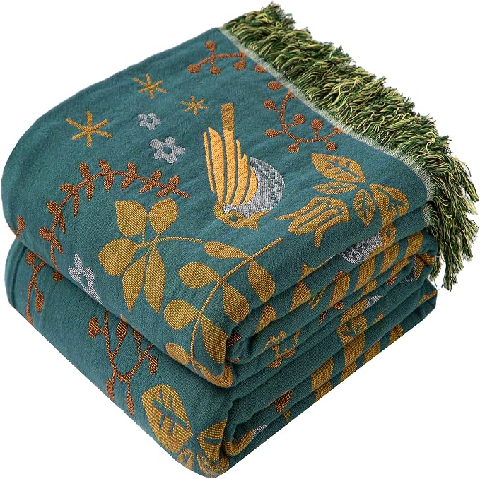 Phuryllic Boho Throw Blanket Queen Size, Oversized Soft Cozy Cotton Muslin Quilt Blanket for Bed Decor, Bird Patterned Couch Sofa Chair Cover, Vintage Farmhouse Cottage Woven Blanket, Green&Beige