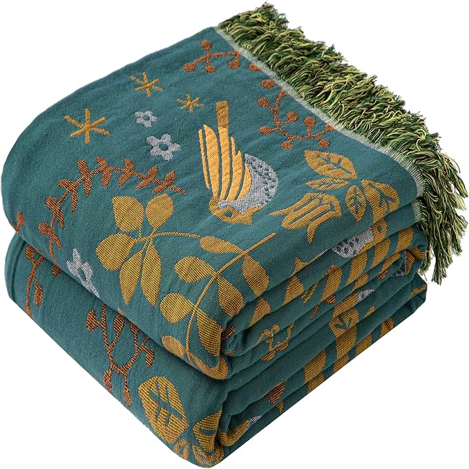 Phuryllic Boho Throw Blanket Throw Size, Soft Cozy Cotton Muslin Quilt Blanket for Bed Decor, Bird Patterned Couch Sofa Chair Cover, Vintage Farmhouse Cottage Tapestry Woven Blanket, Green&Beige