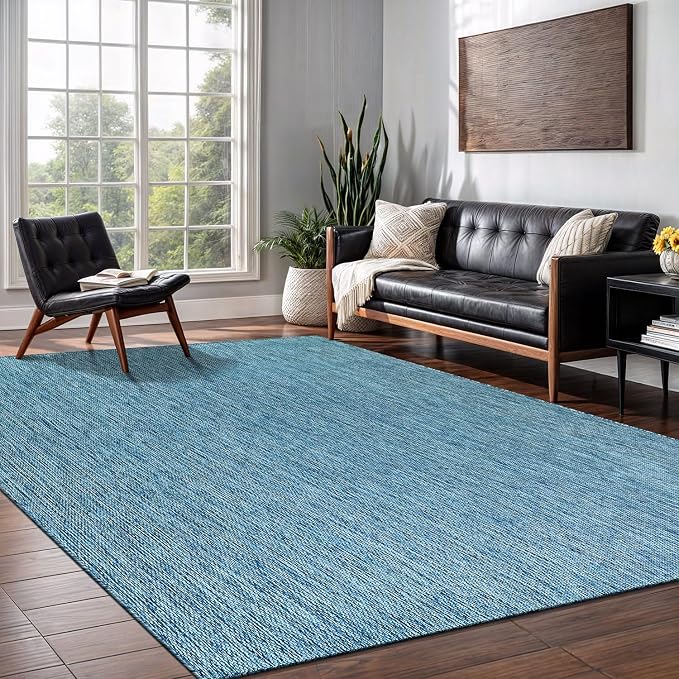 Washable Indoor Outdoor Rug Weather Resistant Carpet Modern Solid for Porch Deck Balcony Backyard Patio Rug 8x10 Aqua Blue