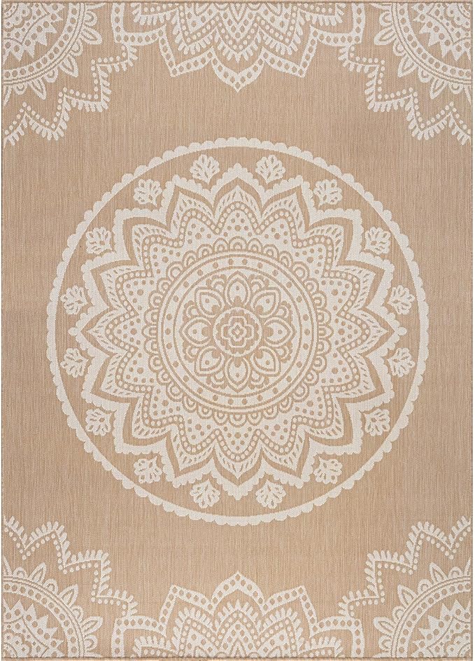 CAMILSON Outdoor Rug 6x9 Modern Area Rugs for Indoor and Outdoor Patios and Porches - Waterproof, Washable, Non-Shedding, Easy-to-Clean Outside Carpet (6 x 9, Medallion - Beige/White)