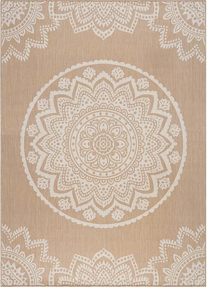 CAMILSON Outdoor Rug 10x14 Modern Area Rugs for Large Indoor and Outdoor Patios and Porches - Washable, Non-Shedding, Easy-to-Clean Outside Carpet (10 x 14, Medallion - Beige/White)