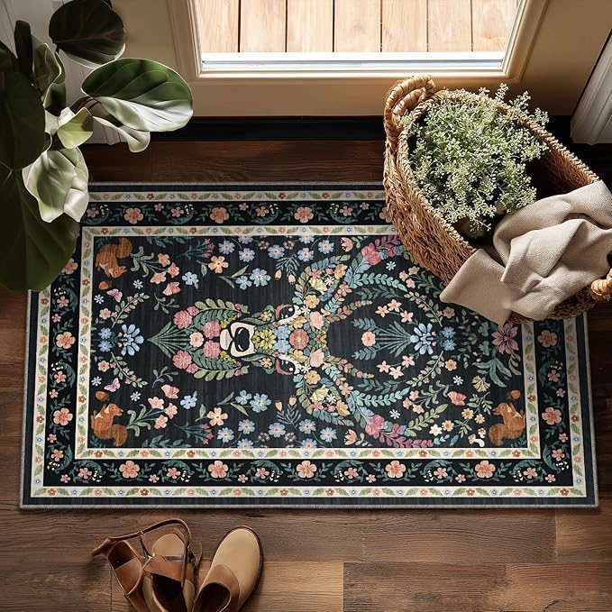 Non-Slip Washable Entry Rug Vintage Floral Deer Pattern 2x3 - Bohemian Forest Animal Carpet with Squirrel & Butterfly, Soft Decorative Area Rug for Living Room Bedroom Home Decor