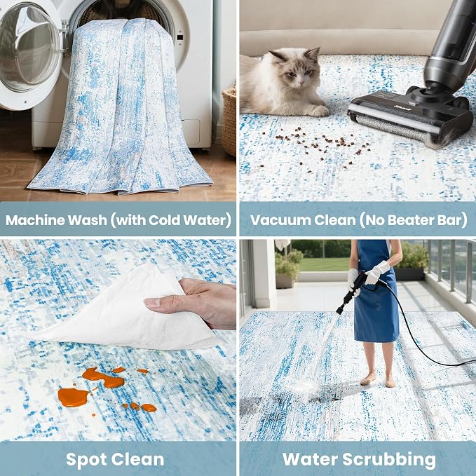 10x14 Washable Area Rug for Living Room Bedroom: Non-Slip Modern Light Blue | Machine Washable TPR Backing, Stain-Resistant Low Pile, Pet & Kid Friendly, Abstract Decor for Dining Room, Dorm, Home Office