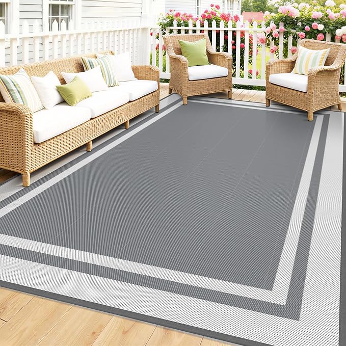 Mattitude Outdoor Rug Reversible Portable Plastic Straw Camping Rugs for Outside RV,Large Waterproof Outdoor Area Rugs for Patio,Deck,Porch,Balcony(6'x 9',White&Gray)