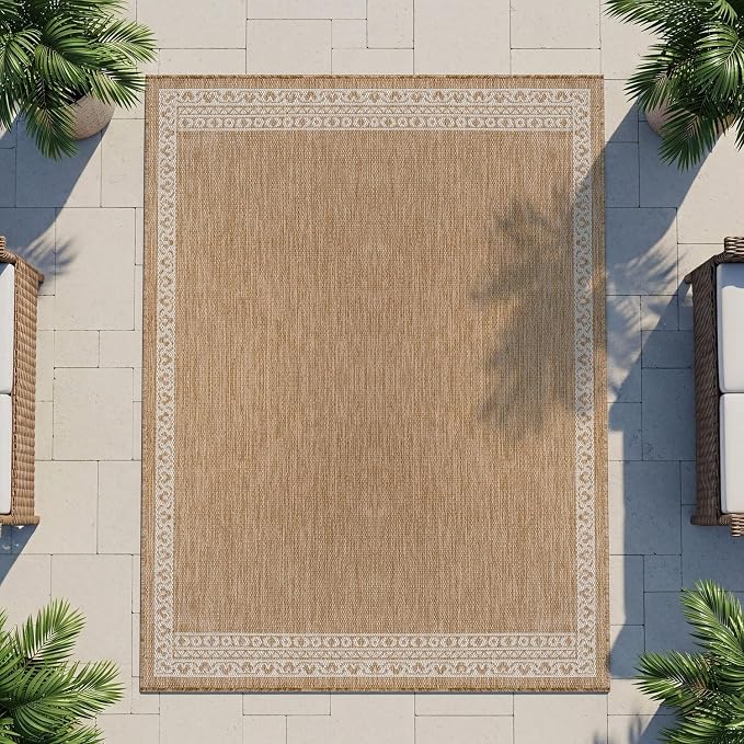 Washable Outdoor Rug 6x9 Modern Area Rugs Outdoor Carpets Bordered Pattern Non Shedding Waterproof Easy Clean Patio Deck Porch Living Room Bedroom Garden RV (6 X 9 Natural)