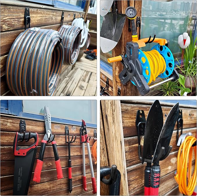 3-H Garden Hose Holder Wall Mount 4 Pack Solid Steel 5.9 Inch Extended Arm Compact Hose Hanger Heavy Duty Water Hose Holders for Outside,Black