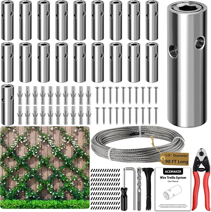 Wire Trellis for Climbing Plants Outdoor, 20-Set Wall Wire Trellis Kit with 1/8in x 98ft Stainless Steel Cable & Cutter, T316 Cylindrical Espalier System for Fence and Garden DIY Projects