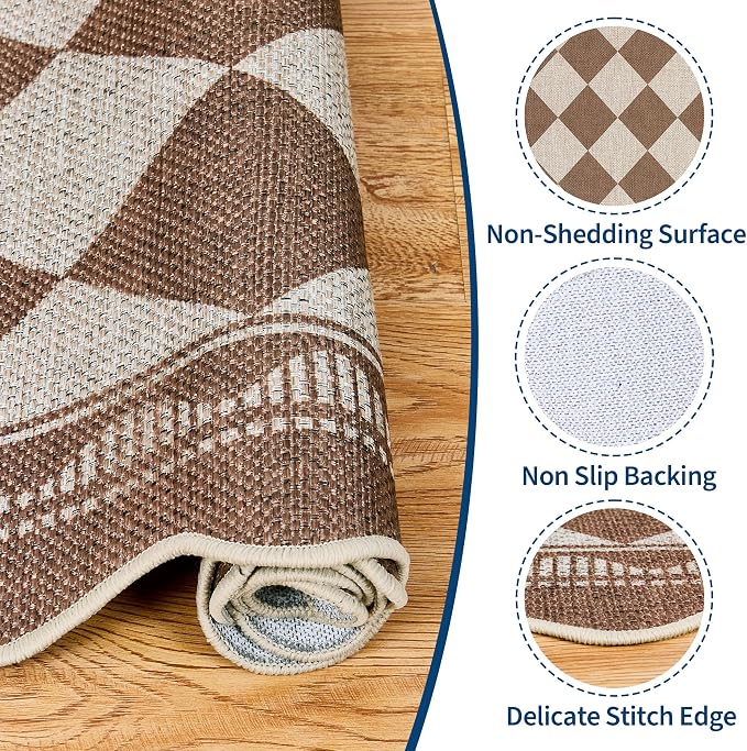 Garvee Easy Jute 2x6 Scalloped Kitchen Rugs Non Slip Washable Rugs，Brown | Indoor Outdoor Washable Rugs for Living Room Low Pile Floor Cover for Entryway Stain Resistant Indoor Carpet for Hallway