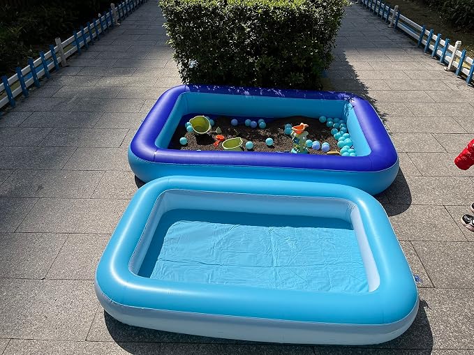 Inflatable Splash Pool for Kids, Plastic Wading Pools Outdoor, Large Sensory Sand & Water Play Pit for Toddlers, Kiddie Small Swimming Pool with Air Pump, Sand Box Backyard (77"*53"*9"-L)